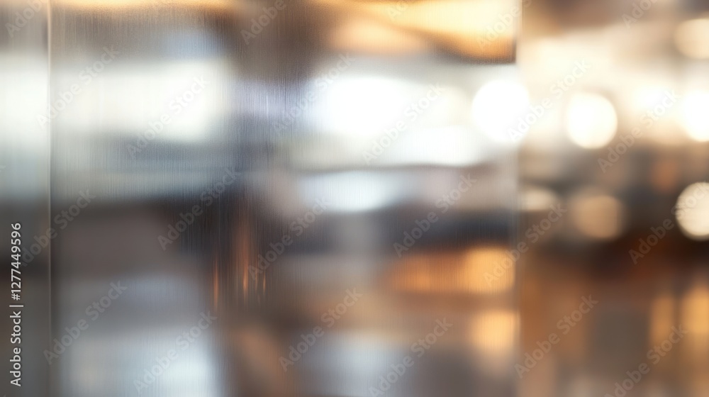 Poster Abstract blurred image of a modern interior space with warm lighting and reflective surfaces.