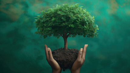 A hand supports a thriving tree representing Earth Day eco-awareness and green living initiatives