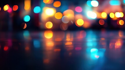 Abstract blurry colorful lights reflected on a dark, wet surface at night.