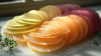 Colorful citrus fruit slices arranged in a vibrant semicircle, garnished with fresh thyme.