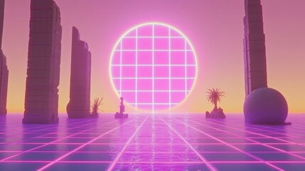 Retro Pixel Art of a Grid Landscape with Neon Accents and Futuristic Elements