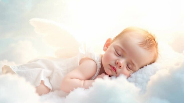 Sleeping baby angel with wings on dreamy clouds background for baptism card design. Religious concept for Christmas, Easter, All Saints Day celebration. Vertical video