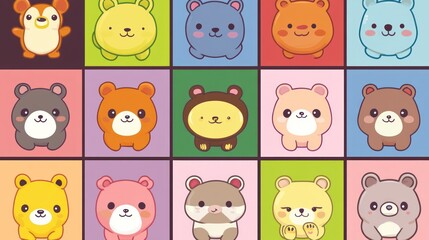Obraz premium Cute cartoon animal icons in various colors arranged in a grid pattern.
