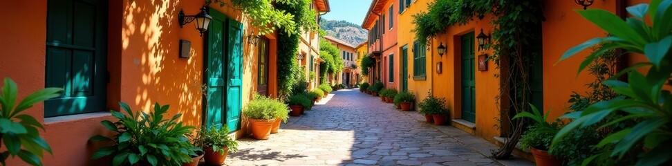 Fototapeta premium Shady, winding street, Valldemossa Traditional architecture , charming, Mediterranean, wall