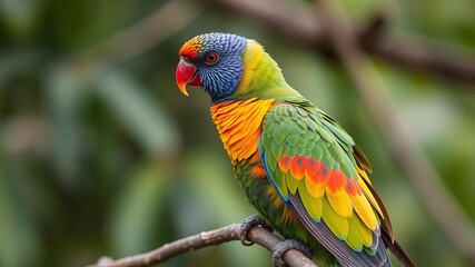 Vibrant rainbow lorikeet perched on a tree branch, showcasing its colorful plumage and bright red beak, plumage, exotic