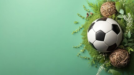Fototapeta premium Soccer ball on green grass with copy space.