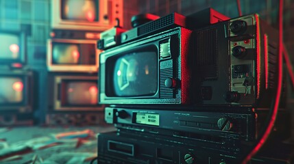 Obraz premium Retro television and cassette player with glowing screens in nostalgic atmosphere