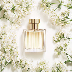 A perfume bottle placed among soft white flowers, creating a fresh and elegant look with floral accents
