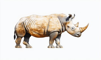 Obraz premium A realistic depiction of a rhinoceros standing on a white background, showcasing its unique features