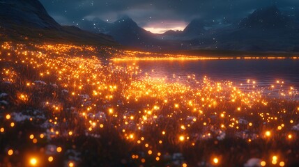 Obraz premium Illuminated meadow by a lake at night