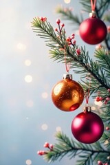 Set of glass ball ornaments in vibrant colors on branches , winter decorations, colorful ornaments, christmas