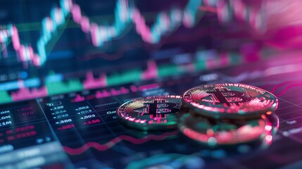 Bitcoin and cryptocurrency concept with a stock exchange board background. Perfect for finance, crypto, and investment-related projects and ads.