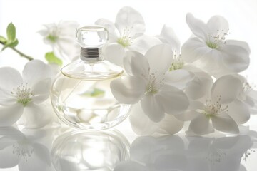A perfume bottle surrounded by elegant white flowers with soft lighting and a serene background