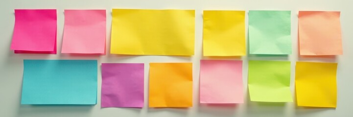 Fototapeta premium Vibrant sticky notes, various colors, clean backdrop, stationery, isolated, isolated background