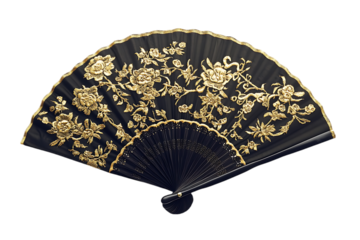 Ornate black fan with gold embroidery