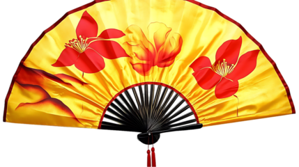 Ornate yellow silk fan with red flowers