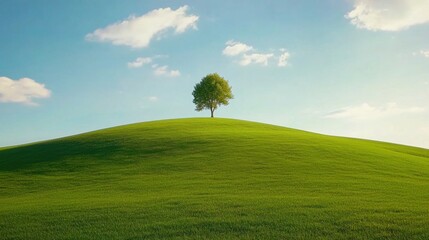 Video generation of a rolling green hill with a solitary tree in the middle of the field. Featuring calm and solitude