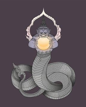 Traditional Thai Mythical Serpent and Giant Guardian Line Art.