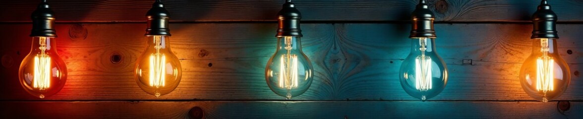 Vintage style light bulbs on weathered wooden background, vintage aesthetic, lighting