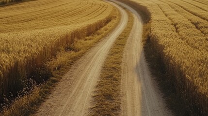 Video generation of a rural dirt road winding through a golden wheat field. Featuring simplicity and peaceful countryside life