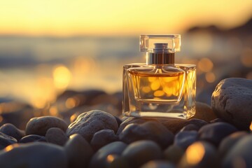 A perfume bottle placed on rocks illuminated by soft golden sunset light by the beach