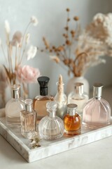 A collection of perfume bottles displayed elegantly with a soft background, showcasing their unique...