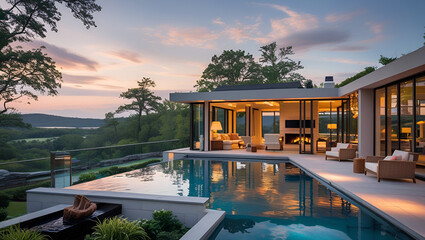 Fototapeta premium Stunning Modern Dream House with Infinity Pool and Scenic ViewsModern Luxury Villa with Infinity Pool and Stunning Sunset Views