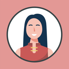 long hair woman in circle frame with outline flat vector design.