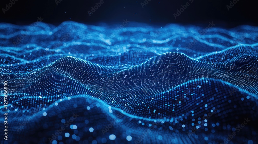 Poster futuristic digital wave composed of glowing blue particles forming a dynamic abstract landscape on a