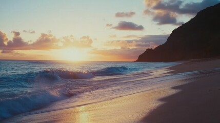 Video generation of a secluded beach at sunset with waves crashing. Featuring coastal beauty and serene sunset