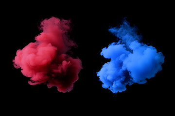 Obraz premium Two colorful smoke clouds, one red and one blue, against a black background.