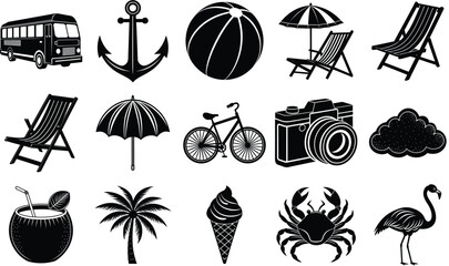 Black and White Summer Beach Icons Vector Illustrations of Vacation, Travel, and Relaxation