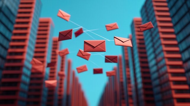 Futuristic Digital Landscape with Floating Emails in Blue Sky, Companies can send multiple emails.