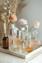 An elegant perfume display with a variety of bottles on a marble tray, featuring soft natural light and delicate accents