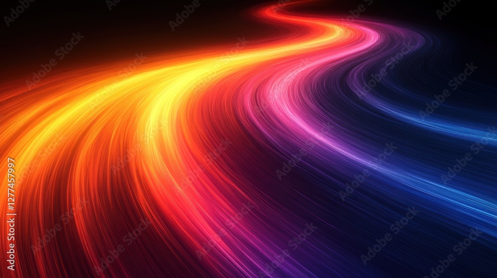 Poster abstract colorful light trails forming a dynamic, curved path on a black background.