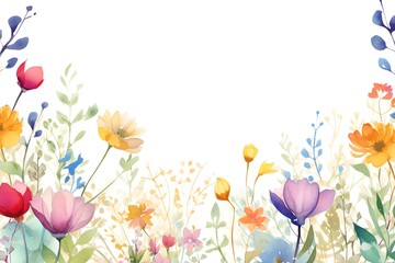 Watercolour floral frame on white background. Watercolor painted floral frame. Yellow, blue, white and pink wild flowers. 