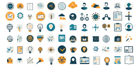 Fototapeta premium collection of vector icons featuring various themes such as technology, communication, and productivity. icons include clocks, graphs, light bulbs, and more, showcasing modern design