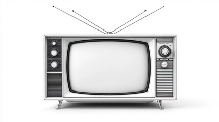 Sleek vector illustration of a retro box TV with antennas placed against a solid white background with the TV screen in bright white for a modern minimalistic approach