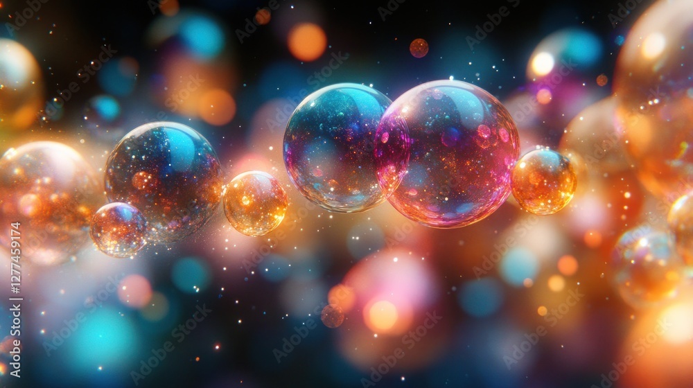Wall mural abstract colorful spheres floating in dark space with bokeh lights.