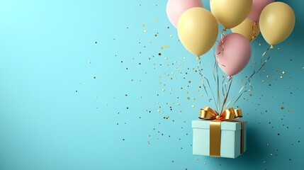 Cheerful birthday card with blue background, gift box, balloons, and golden accents. Perfect for celebrations, greetings, and festive designs. Vibrant and joyful!