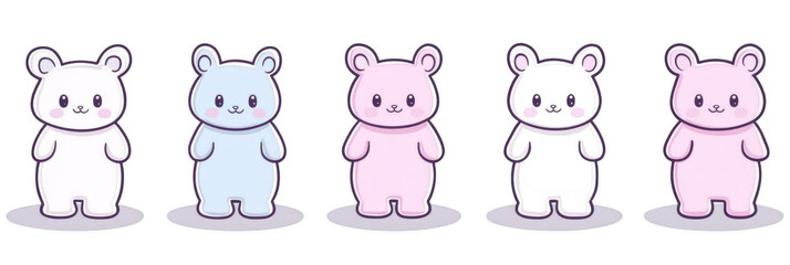 Cute cartoon animals featuring adorable bear characters various colors. These charming bears include white, blue, pink, and blank outline for customization. Perfect for stickers or illustrations