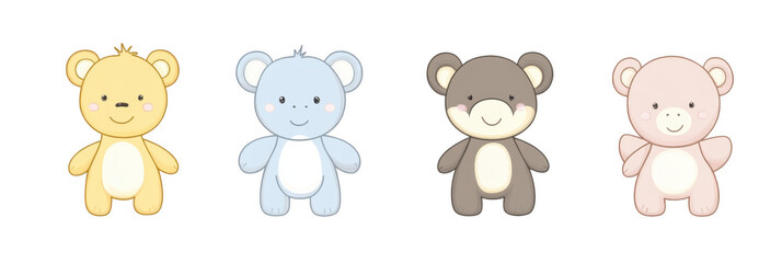 Fototapeta premium Cute cartoon animals featuring four adorable bears different colors. yellow bear has cheerful expression, while blue bear looks friendly. brown bear has gentle smile, and pink bear appears playful