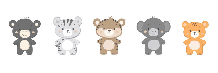 Obraz premium Cute cartoon animals in sticker set featuring bear, tiger, koala, and more, perfect for children decor and playful designs