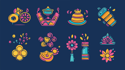 Fototapeta premium Icon Set of Holi Colorful Sweets and Water Guns, Holi 