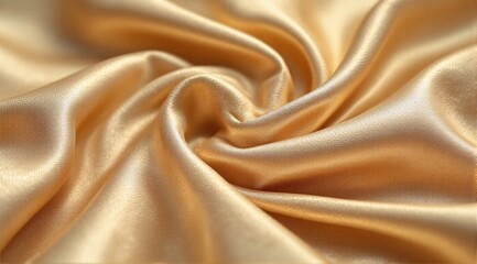 Detailed view of champagne gold satin with soft lighting, highlighting its reflective and silk-like texture.