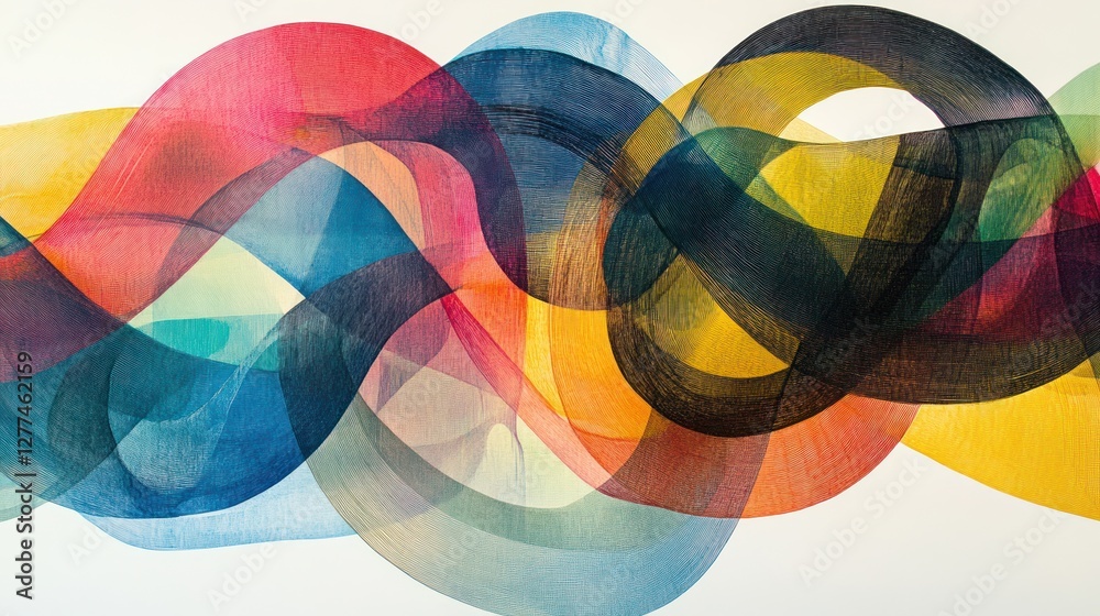 Aufkleber Abstract colorful wave painting with overlapping translucent layers creating a flowing, dynamic composition.