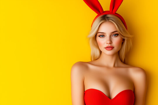 Blonde woman in a red dress and red bunny ears stands in front of a yellow background. The image conveys a playful and fun mood, as the woman is dressed up in bunny ears and a red dress