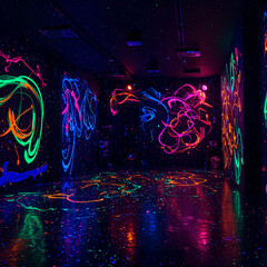 Neon Glow Room with Blacklight Paint Splashes and Fluorescent Graffiti