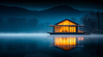 Obraz premium Tranquil Lakeside Retreat: A modern lakeside cabin, bathed in warm interior light, sits serenely on the calm waters, mountains create a tranquil and inviting atmosphere.