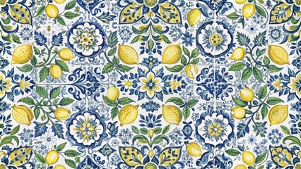 Blue and Yellow Floral Lemon Tile Pattern, Repeating Design, Italian Majolica Inspired, Ceramic Print Italian pottery, lemon print